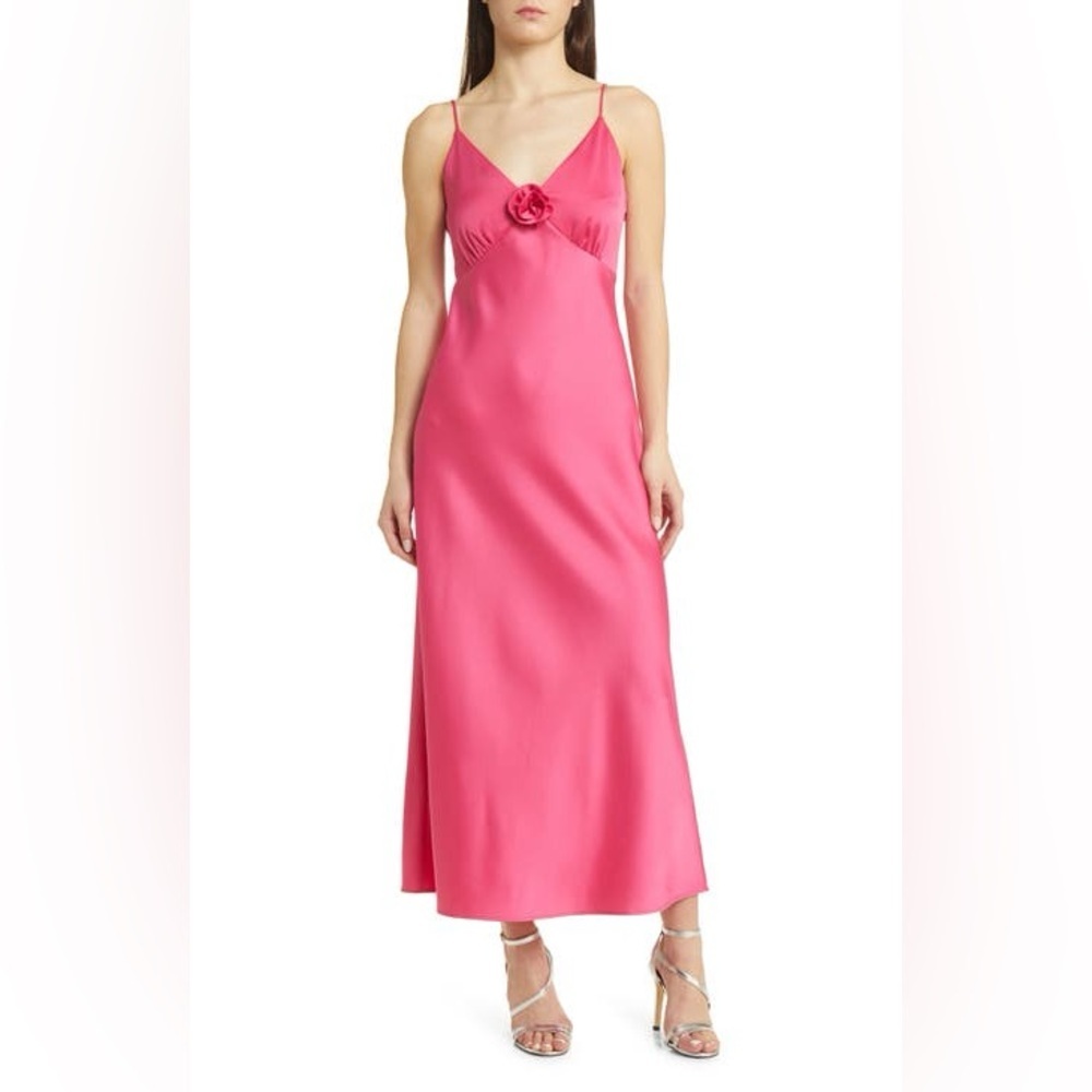Charles Henry ROSETTE EMPIRE WAIST SATIN SLIPDRESS IN PUNCH xs hot pink dress
